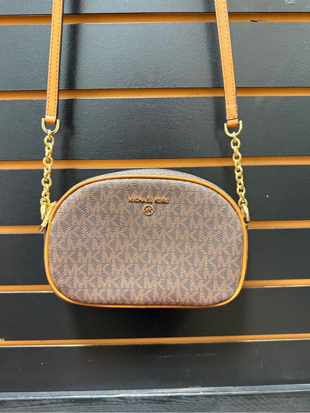 Michael Kors Jet Set Charm Small Oval Camera Crossbody Brown Signature NWOT